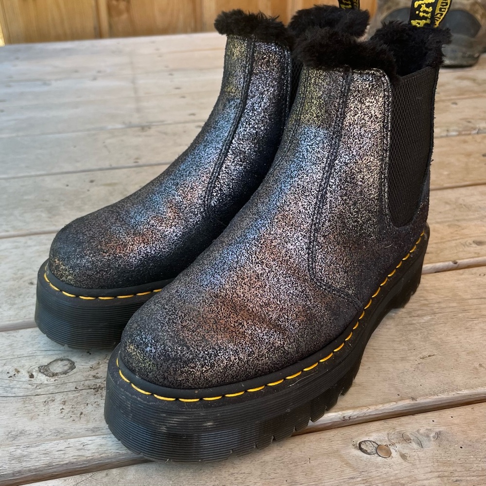 Dark grey/purple sparkly doc martens with warm faux fur interior. EUC